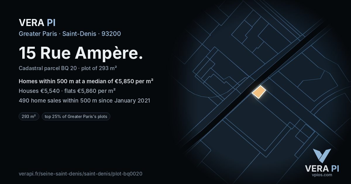 15 Rue Ampère, Saint-Denis at night – the plot lit, the parcels around coloured by the prices near them