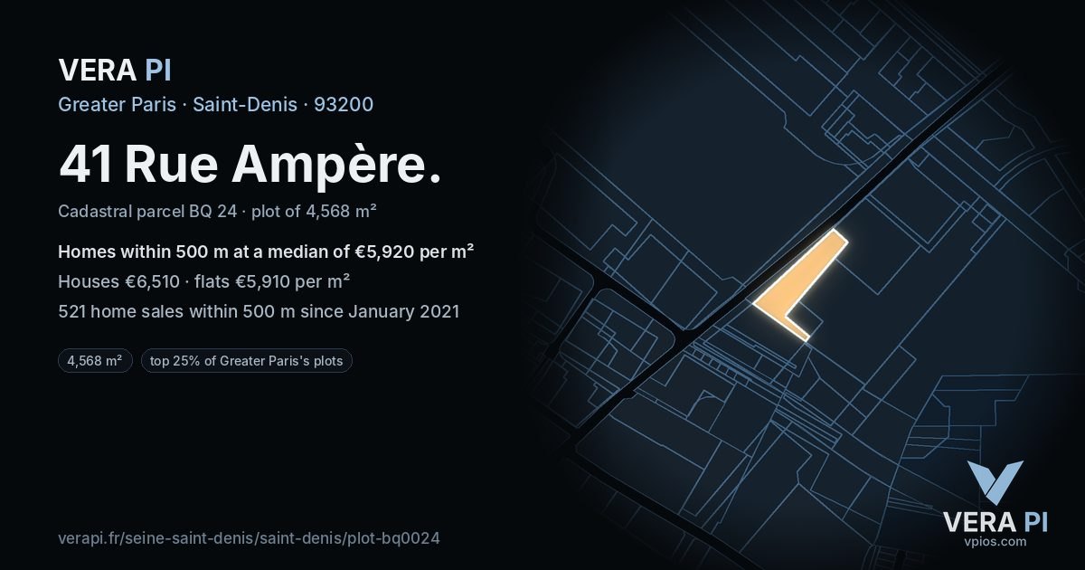 41 Rue Ampère, Saint-Denis at night – the plot lit, the parcels around coloured by the prices near them