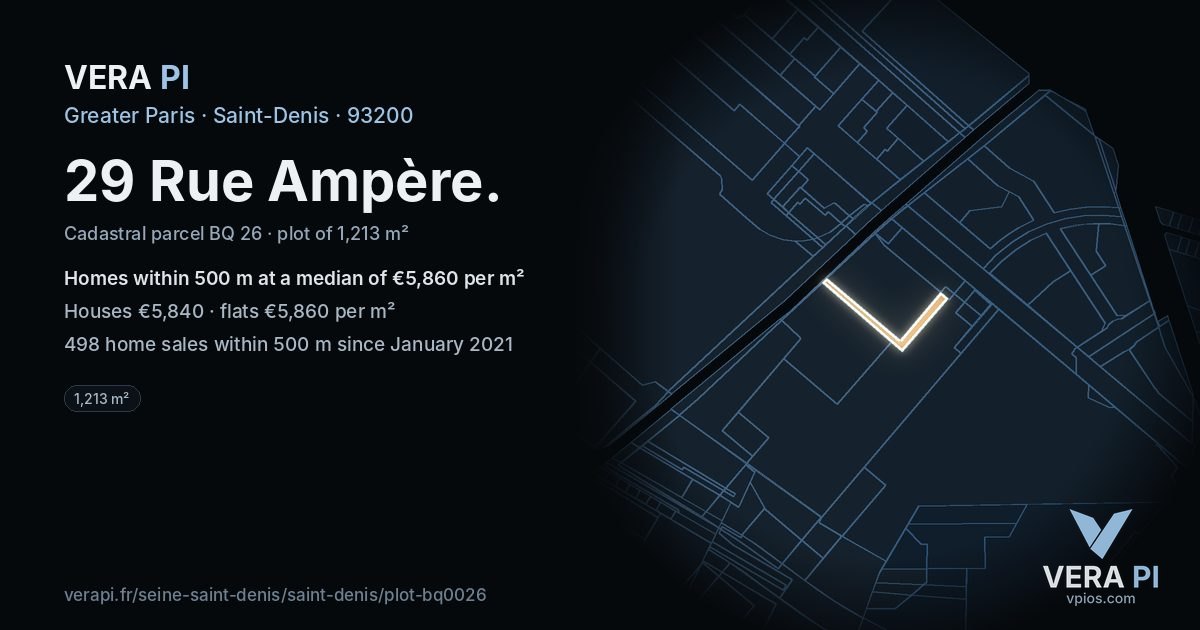 29 Rue Ampère, Saint-Denis at night – the plot lit, the parcels around coloured by the prices near them