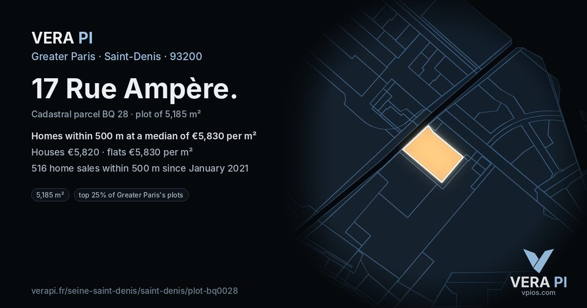 17 Rue Ampère, Saint-Denis at night – the plot lit, the parcels around coloured by the prices near them