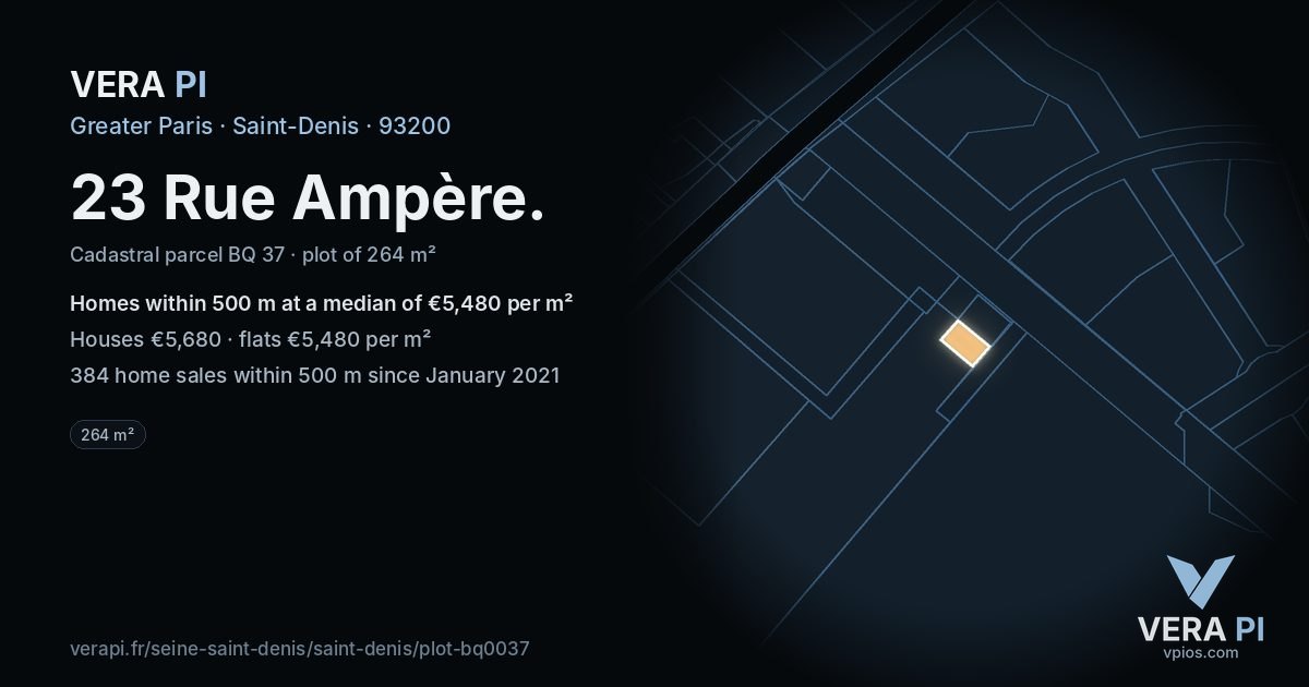 23 Rue Ampère, Saint-Denis at night – the plot lit, the parcels around coloured by the prices near them