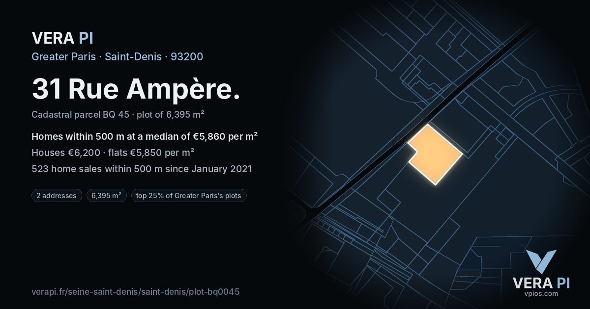 31 Rue Ampère, Saint-Denis at night – the plot lit, the parcels around coloured by the prices near them