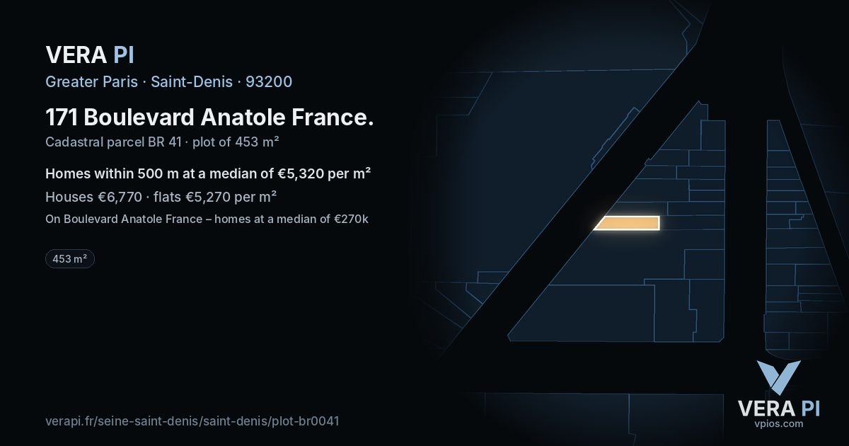 171 Boulevard Anatole France, Saint-Denis at night – the plot lit, the parcels around coloured by the prices near them