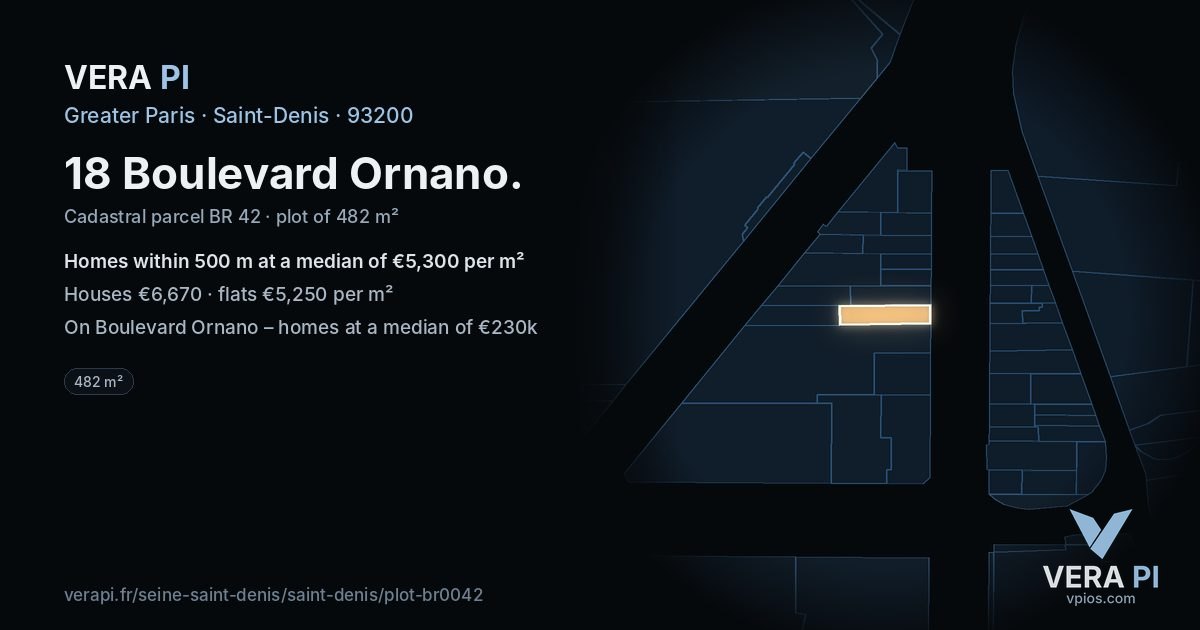 18 Boulevard Ornano, Saint-Denis at night – the plot lit, the parcels around coloured by the prices near them