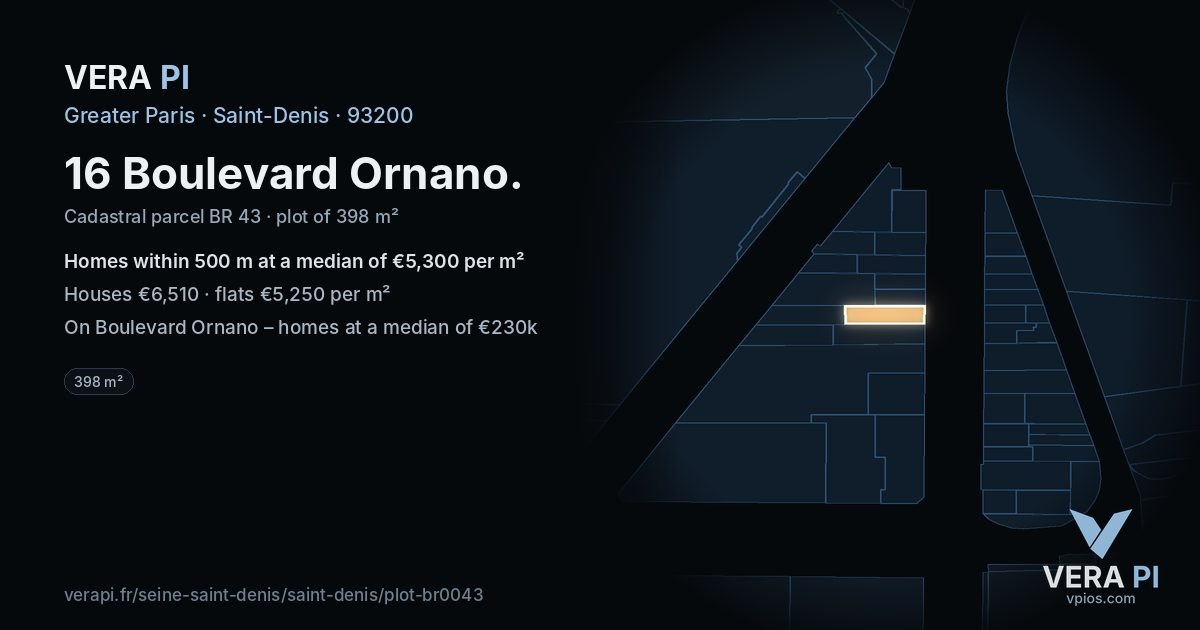 16 Boulevard Ornano, Saint-Denis at night – the plot lit, the parcels around coloured by the prices near them