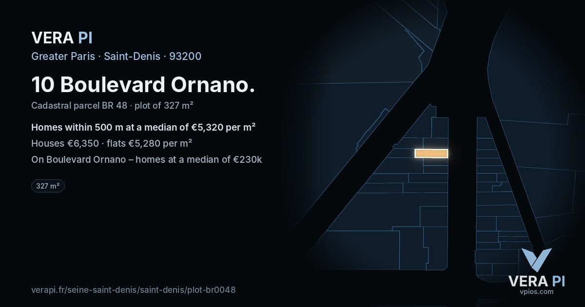 10 Boulevard Ornano, Saint-Denis at night – the plot lit, the parcels around coloured by the prices near them