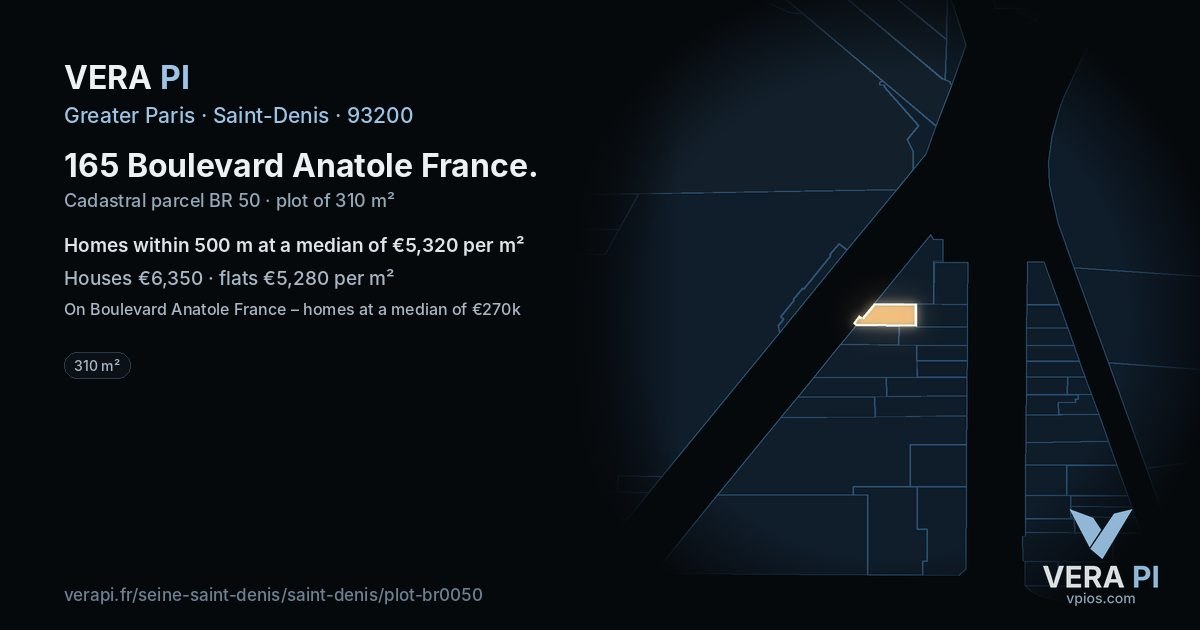 165 Boulevard Anatole France, Saint-Denis at night – the plot lit, the parcels around coloured by the prices near them