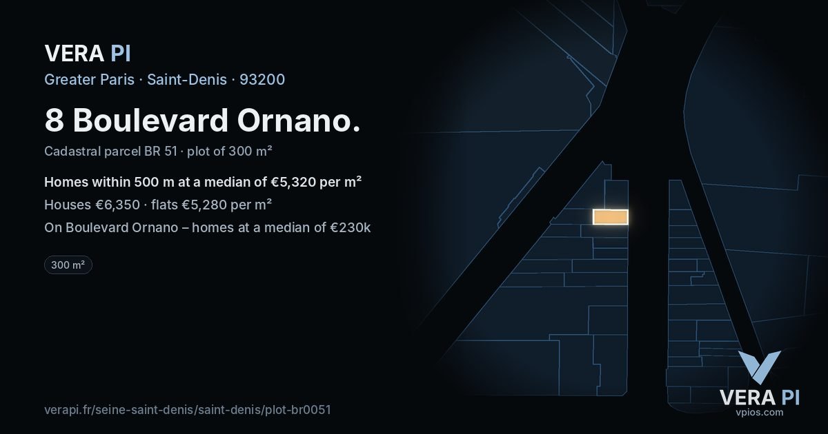 8 Boulevard Ornano, Saint-Denis at night – the plot lit, the parcels around coloured by the prices near them
