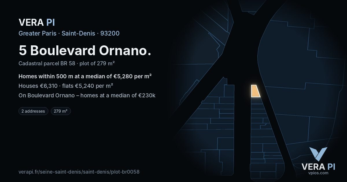 5 Boulevard Ornano, Saint-Denis at night – the plot lit, the parcels around coloured by the prices near them