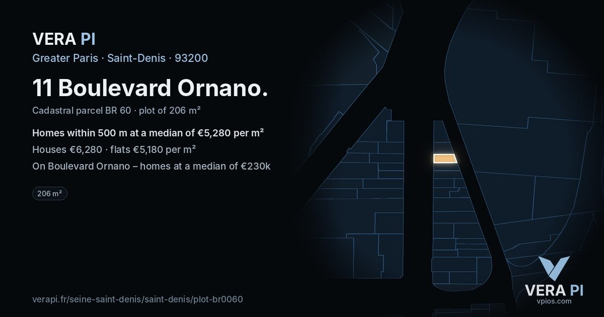 11 Boulevard Ornano, Saint-Denis at night – the plot lit, the parcels around coloured by the prices near them