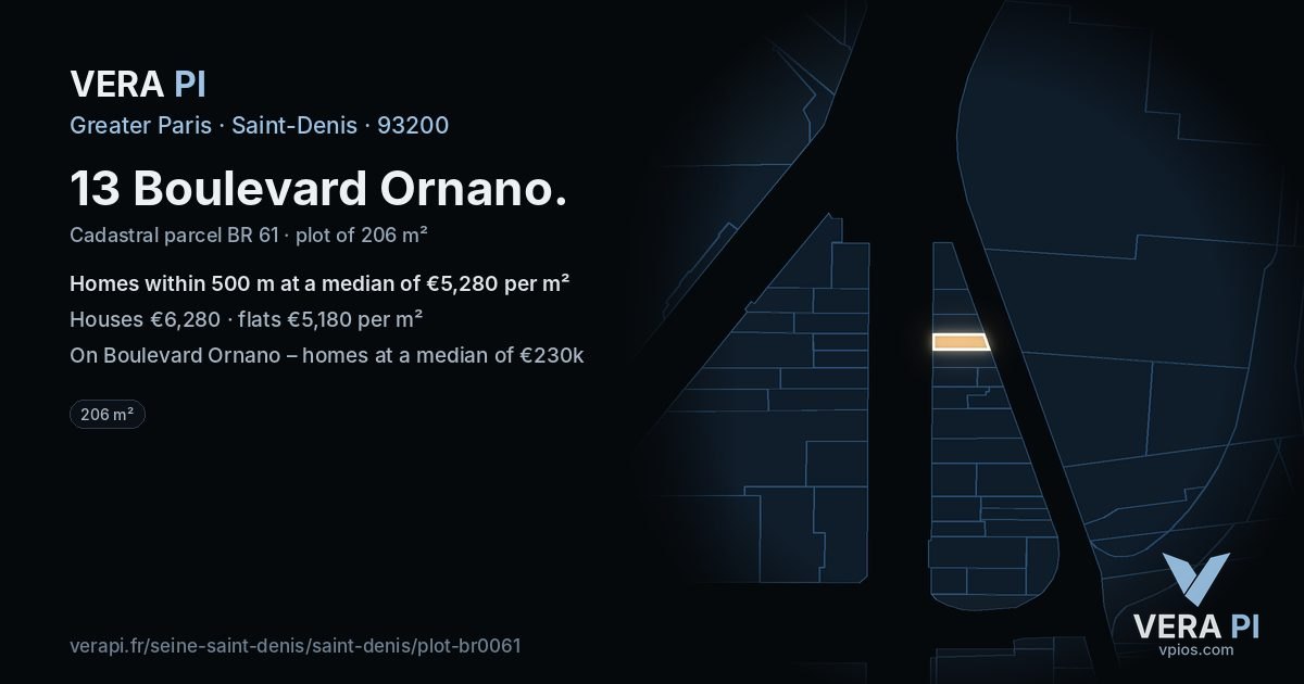 13 Boulevard Ornano, Saint-Denis at night – the plot lit, the parcels around coloured by the prices near them