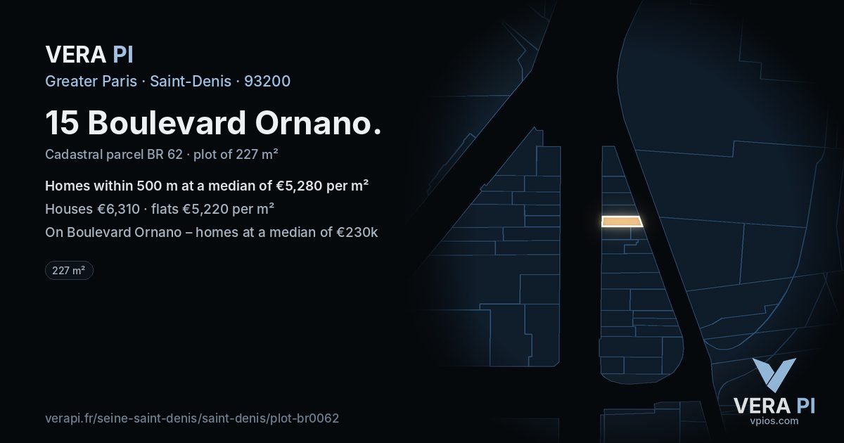 15 Boulevard Ornano, Saint-Denis at night – the plot lit, the parcels around coloured by the prices near them