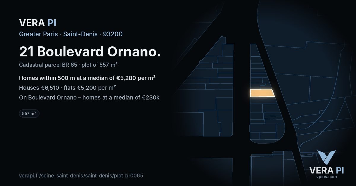 21 Boulevard Ornano, Saint-Denis at night – the plot lit, the parcels around coloured by the prices near them