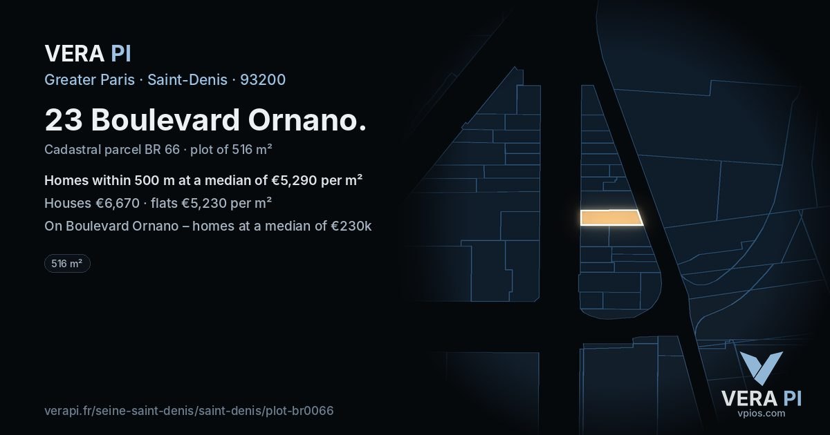 23 Boulevard Ornano, Saint-Denis at night – the plot lit, the parcels around coloured by the prices near them