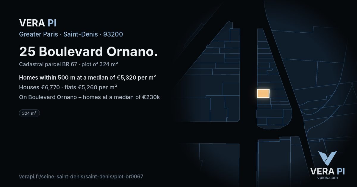 25 Boulevard Ornano, Saint-Denis at night – the plot lit, the parcels around coloured by the prices near them