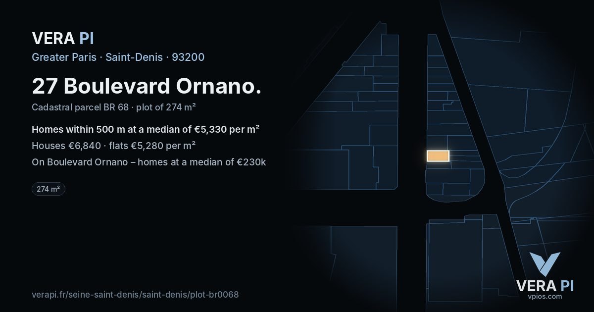 27 Boulevard Ornano, Saint-Denis at night – the plot lit, the parcels around coloured by the prices near them