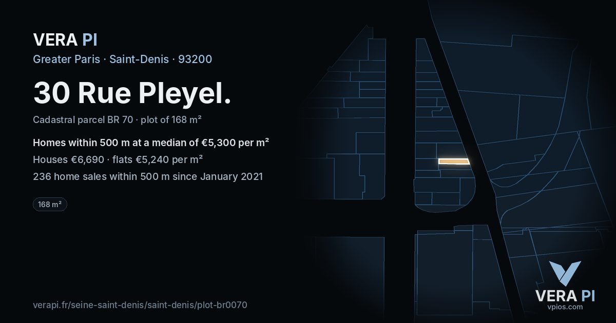 30 Rue Pleyel, Saint-Denis at night – the plot lit, the parcels around coloured by the prices near them
