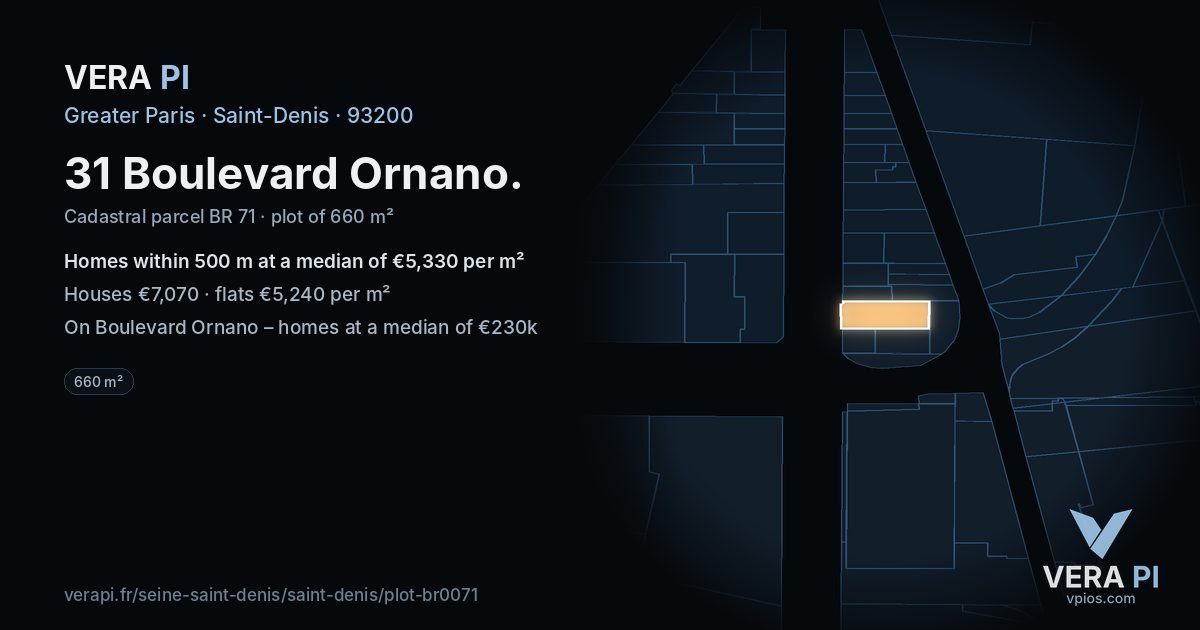 31 Boulevard Ornano, Saint-Denis at night – the plot lit, the parcels around coloured by the prices near them