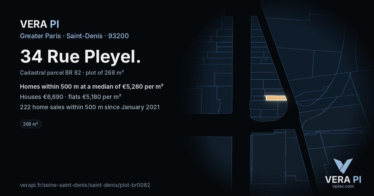 34 Rue Pleyel, Saint-Denis at night – the plot lit, the parcels around coloured by the prices near them