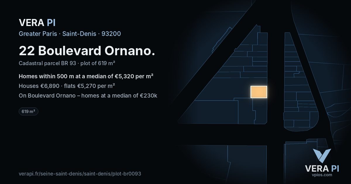 22 Boulevard Ornano, Saint-Denis at night – the plot lit, the parcels around coloured by the prices near them