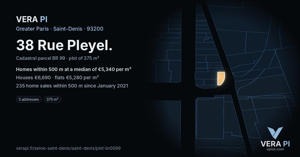 38 Rue Pleyel, Saint-Denis at night – the plot lit, the parcels around coloured by the prices near them