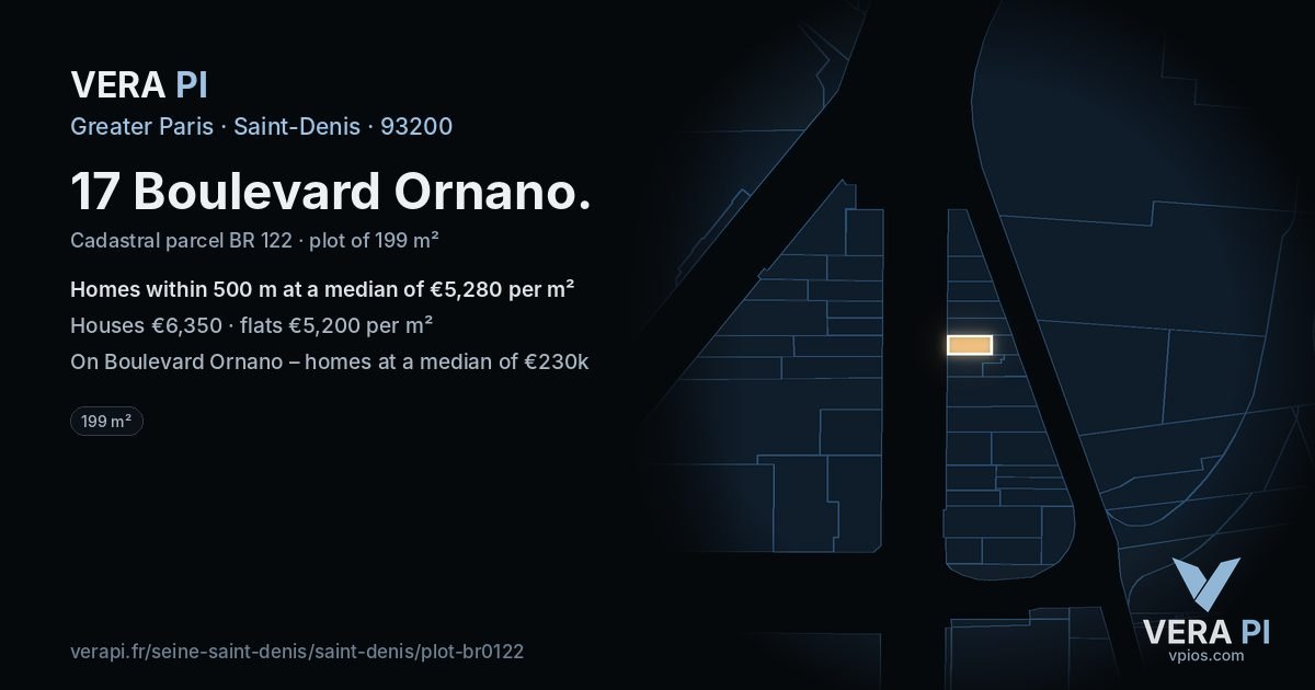 17 Boulevard Ornano, Saint-Denis at night – the plot lit, the parcels around coloured by the prices near them