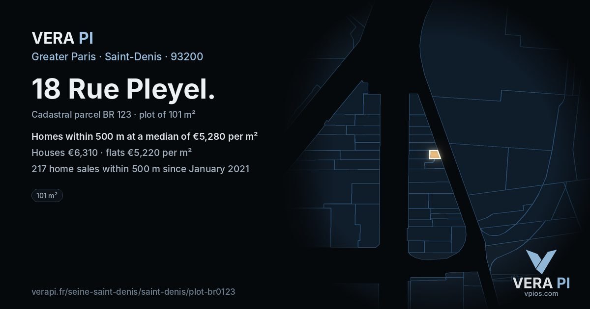 18 Rue Pleyel, Saint-Denis at night – the plot lit, the parcels around coloured by the prices near them