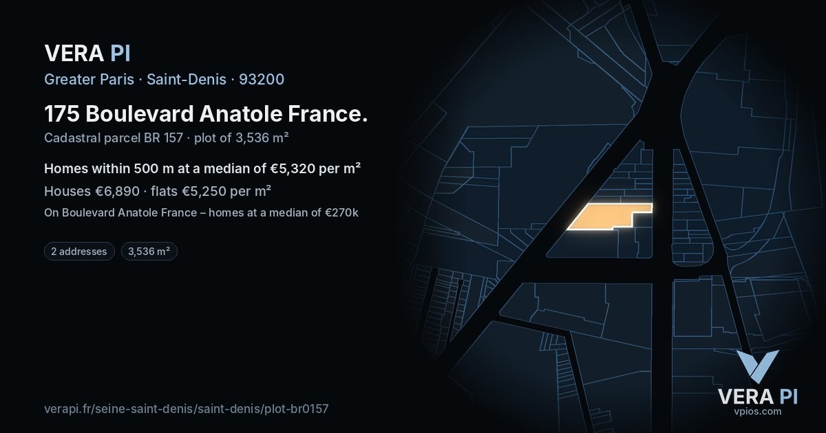 175 Boulevard Anatole France, Saint-Denis at night – the plot lit, the parcels around coloured by the prices near them
