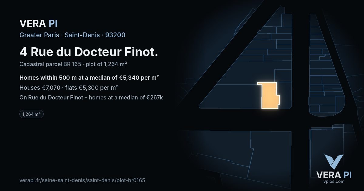 4 Rue du Docteur Finot, Saint-Denis at night – the plot lit, the parcels around coloured by the prices near them