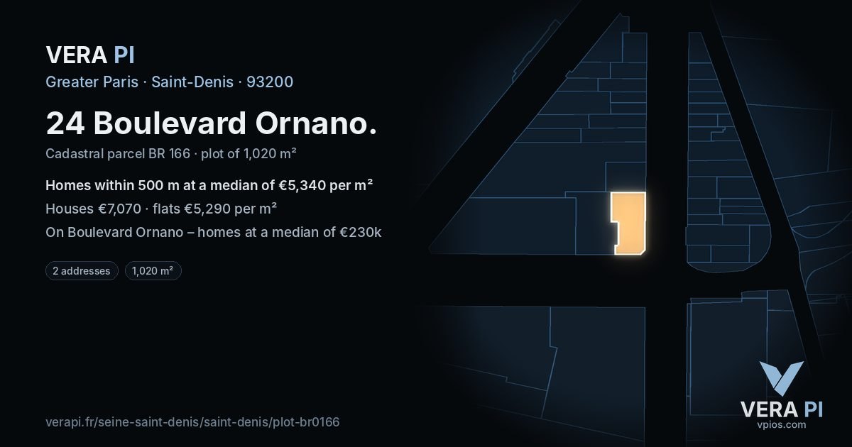 24 Boulevard Ornano, Saint-Denis at night – the plot lit, the parcels around coloured by the prices near them