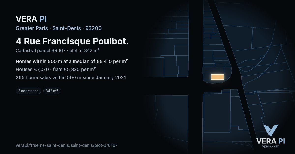 4 Rue Francisque Poulbot, Saint-Denis at night – the plot lit, the parcels around coloured by the prices near them