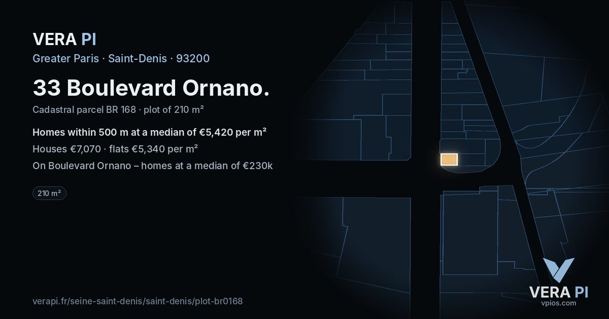 33 Boulevard Ornano, Saint-Denis at night – the plot lit, the parcels around coloured by the prices near them