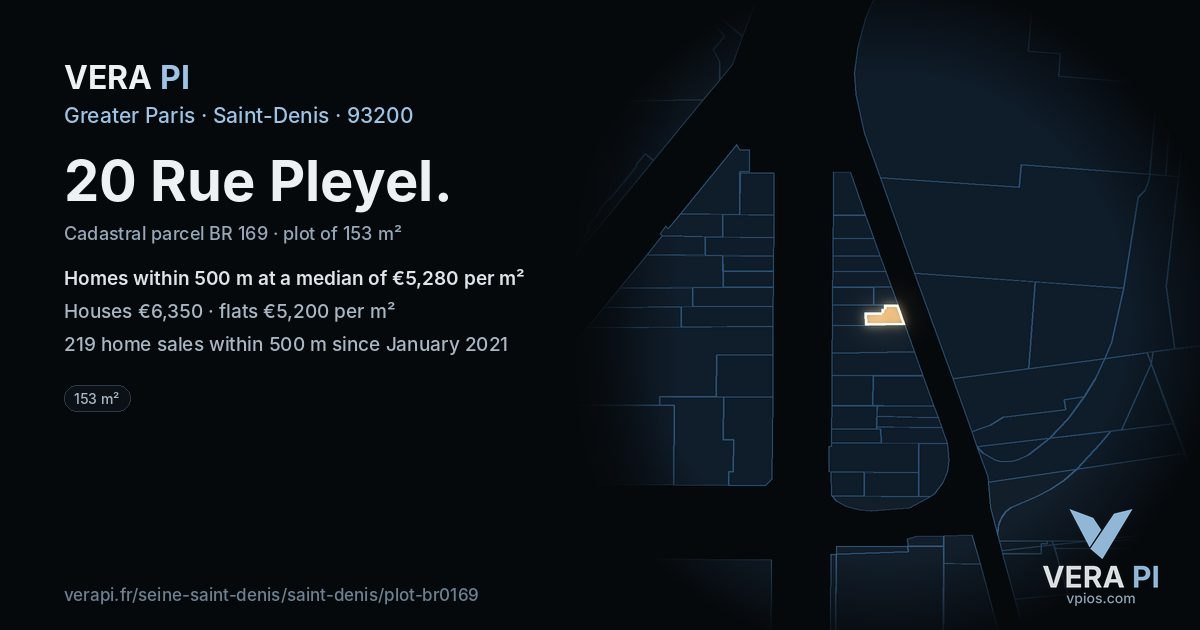 20 Rue Pleyel, Saint-Denis at night – the plot lit, the parcels around coloured by the prices near them