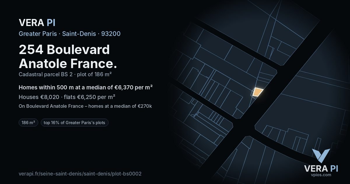 254 Boulevard Anatole France, Saint-Denis at night – the plot lit, the parcels around coloured by the prices near them