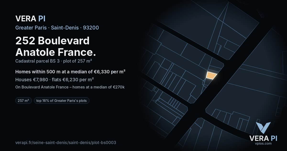 252 Boulevard Anatole France, Saint-Denis at night – the plot lit, the parcels around coloured by the prices near them
