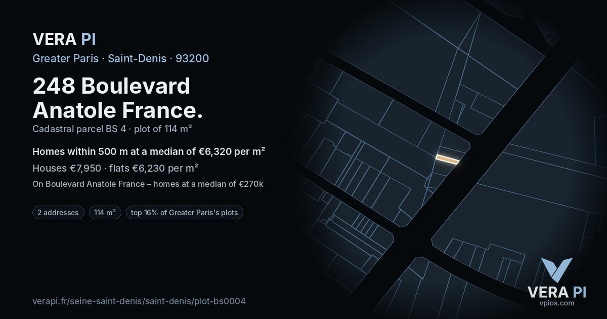 248 Boulevard Anatole France, Saint-Denis at night – the plot lit, the parcels around coloured by the prices near them