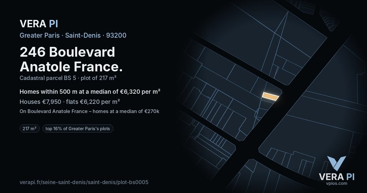 246 Boulevard Anatole France, Saint-Denis at night – the plot lit, the parcels around coloured by the prices near them