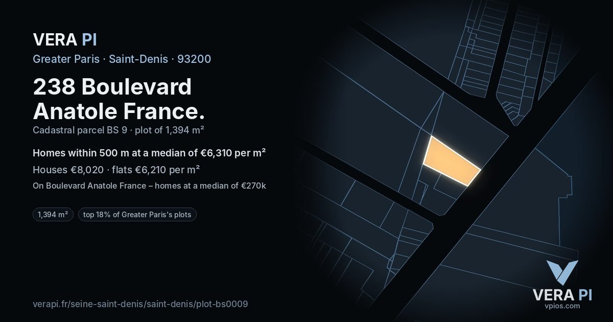 238 Boulevard Anatole France, Saint-Denis at night – the plot lit, the parcels around coloured by the prices near them