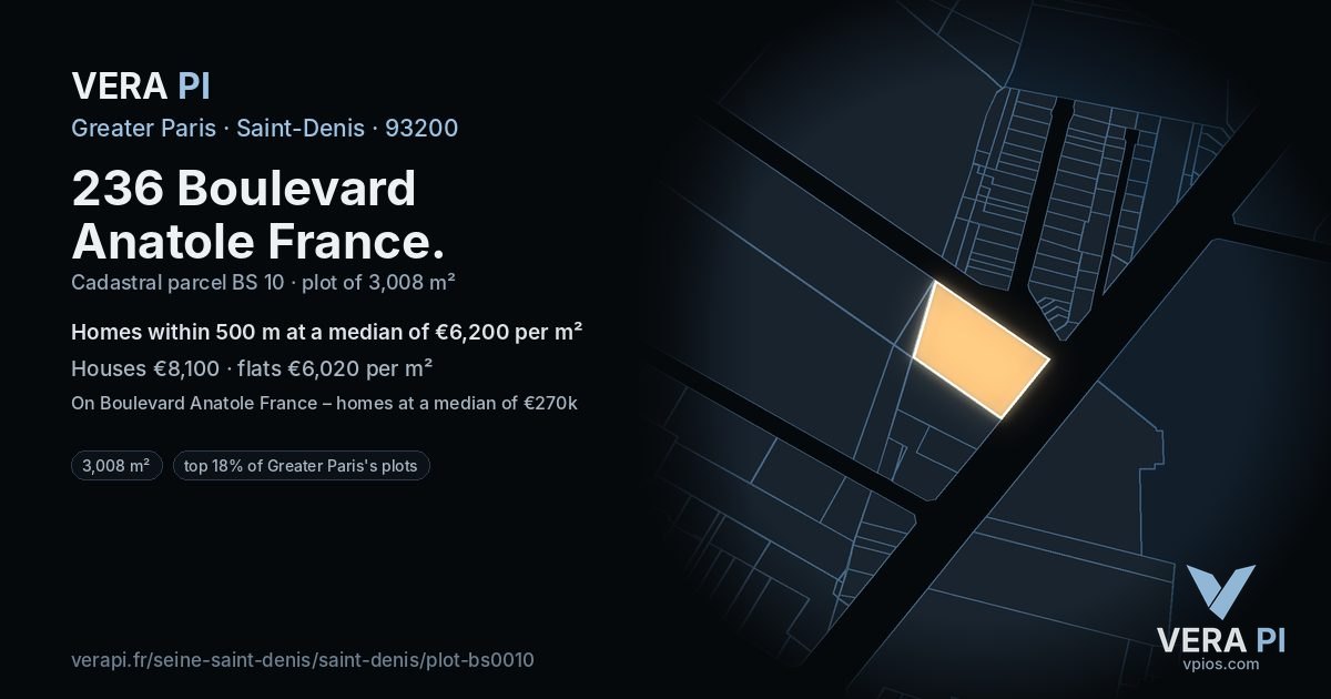 236 Boulevard Anatole France, Saint-Denis at night – the plot lit, the parcels around coloured by the prices near them