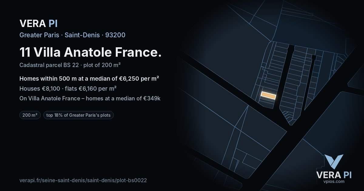 11 Villa Anatole France, Saint-Denis at night – the plot lit, the parcels around coloured by the prices near them