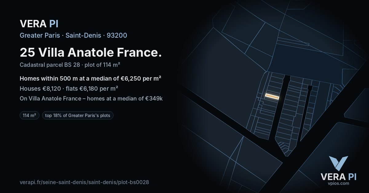 25 Villa Anatole France, Saint-Denis at night – the plot lit, the parcels around coloured by the prices near them