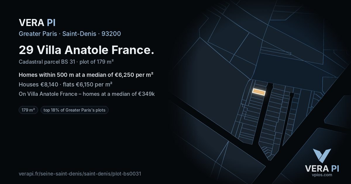 29 Villa Anatole France, Saint-Denis at night – the plot lit, the parcels around coloured by the prices near them
