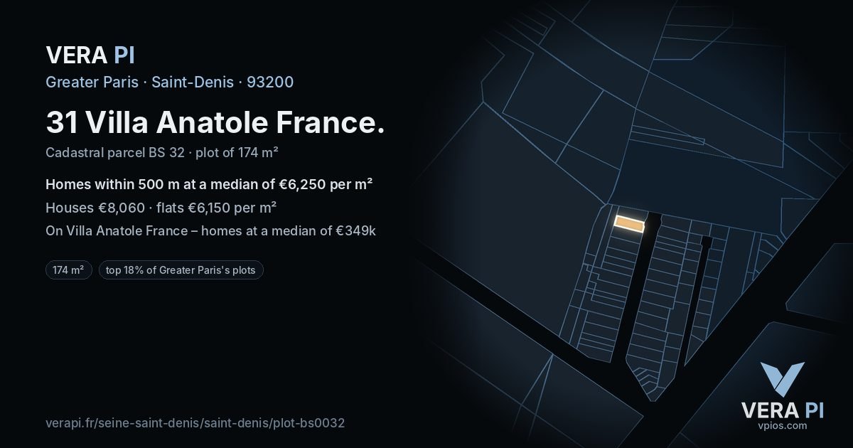 31 Villa Anatole France, Saint-Denis at night – the plot lit, the parcels around coloured by the prices near them