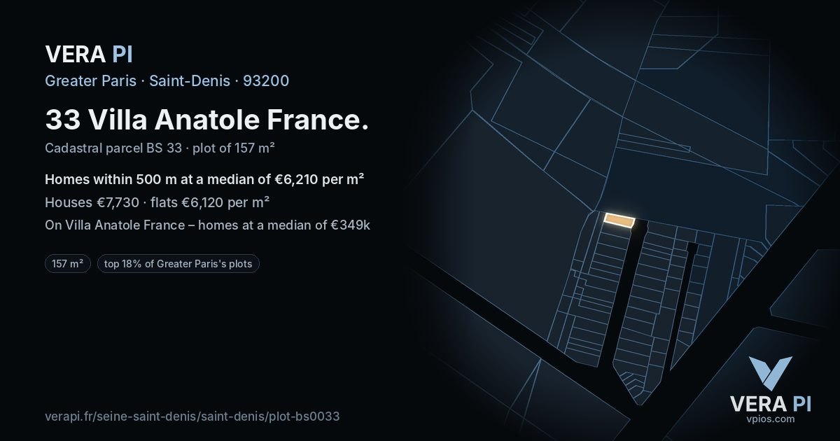 33 Villa Anatole France, Saint-Denis at night – the plot lit, the parcels around coloured by the prices near them
