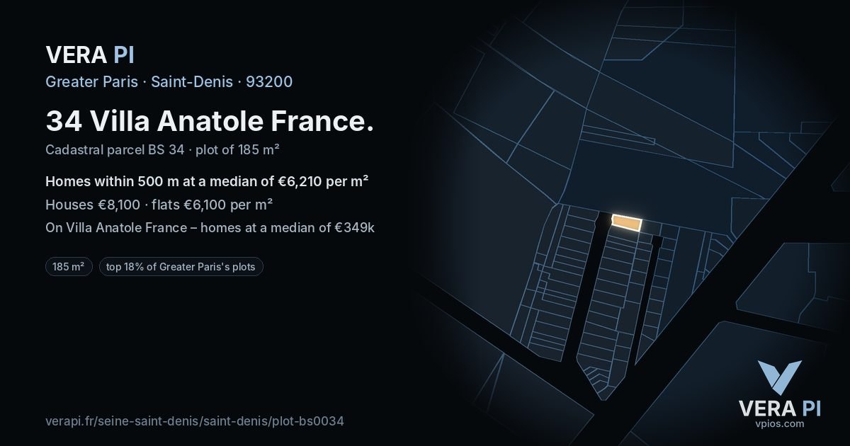 34 Villa Anatole France, Saint-Denis at night – the plot lit, the parcels around coloured by the prices near them