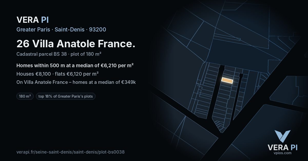 26 Villa Anatole France, Saint-Denis at night – the plot lit, the parcels around coloured by the prices near them