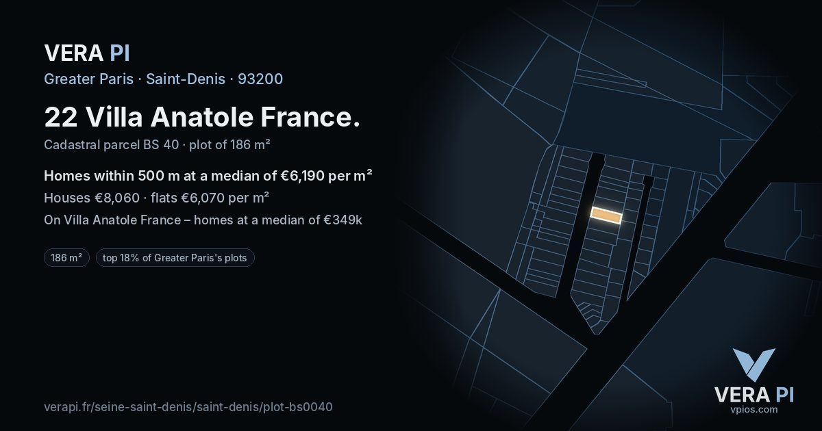 22 Villa Anatole France, Saint-Denis at night – the plot lit, the parcels around coloured by the prices near them