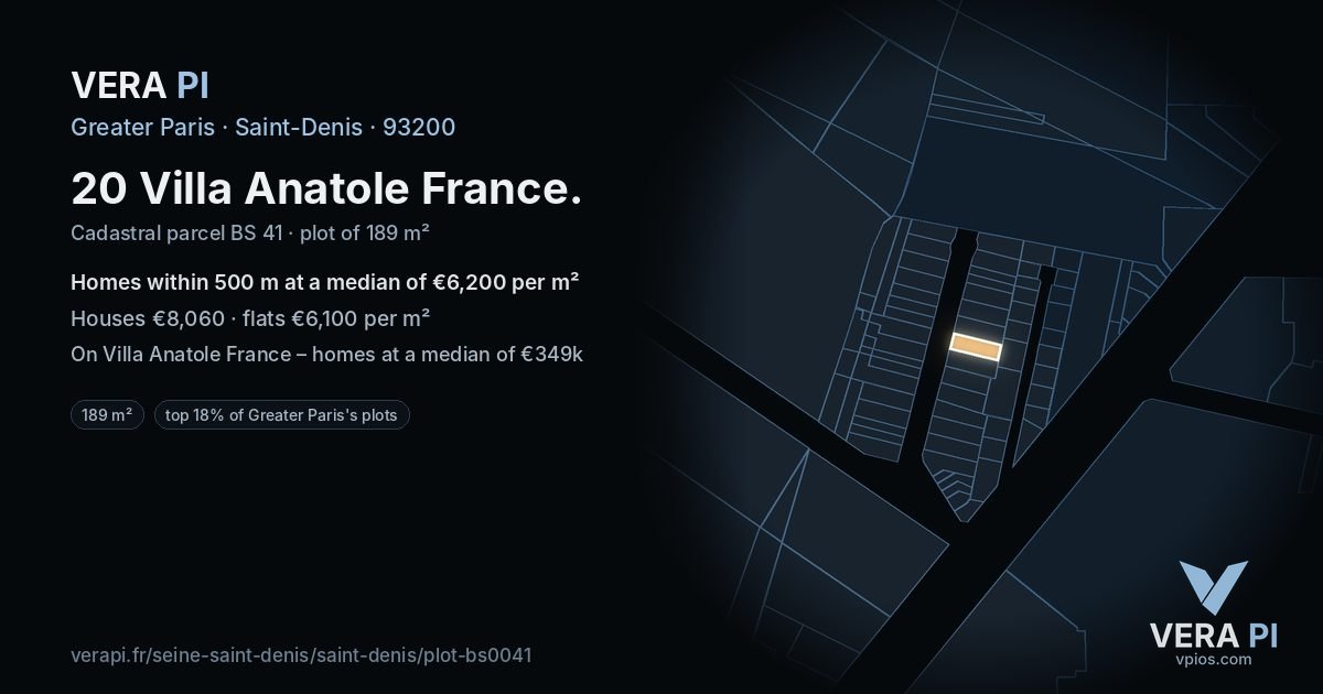 20 Villa Anatole France, Saint-Denis at night – the plot lit, the parcels around coloured by the prices near them