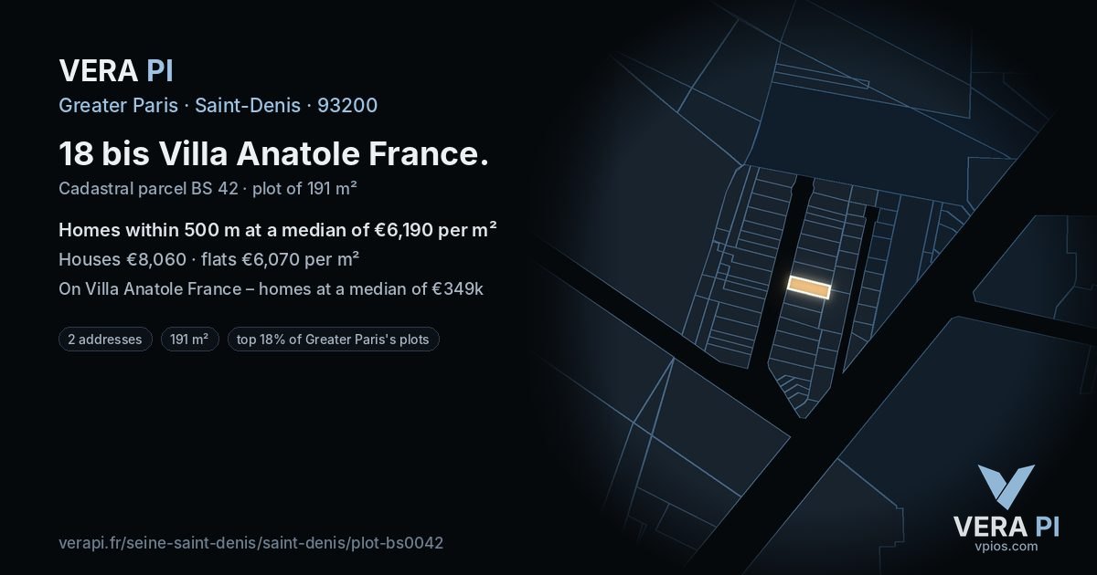 18 bis Villa Anatole France, Saint-Denis at night – the plot lit, the parcels around coloured by the prices near them