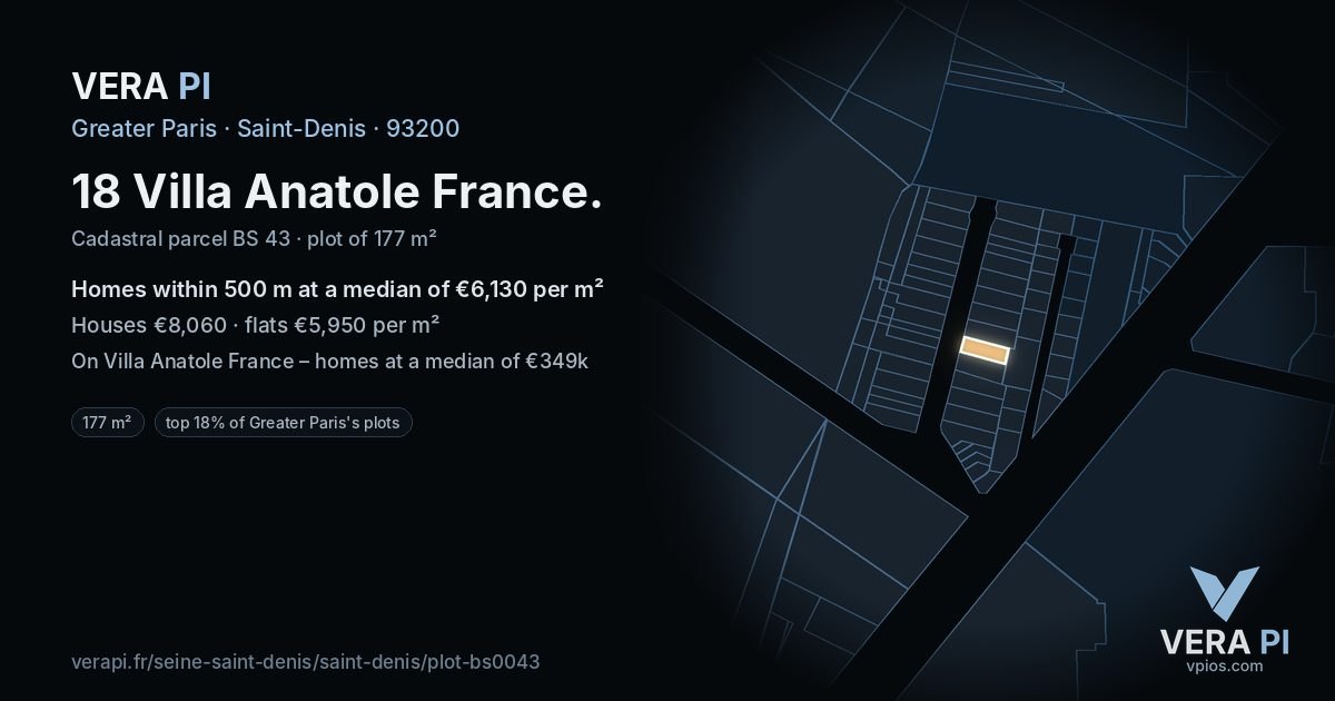 18 Villa Anatole France, Saint-Denis at night – the plot lit, the parcels around coloured by the prices near them